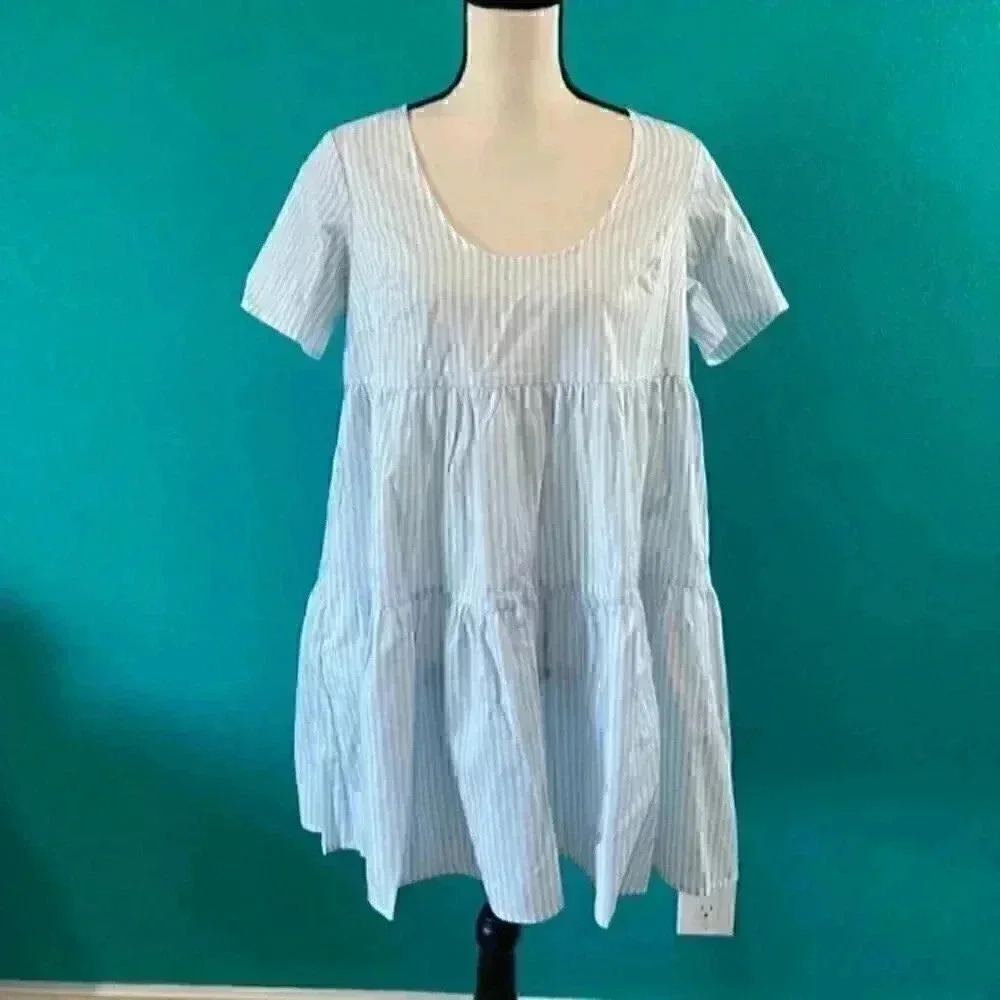 A new day striped blue and white flutter shirt sleeve tiered dress in size xs